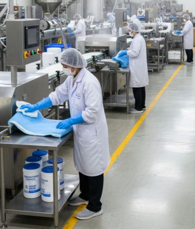 Workers in protective gear sanitize and operate machinery in a clean, well-organized manufacturing facility with ethanol disinfectants.